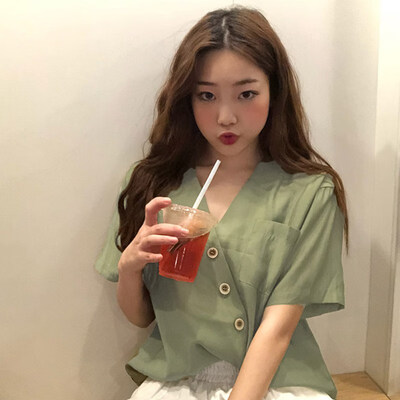

Casual Short Sleeve Shirt Women Summer Blouse Female V Neck small fresh shirt solid color Chic Korean version
