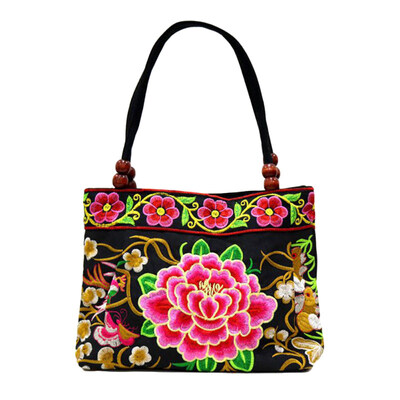 

Fashion Women Ethnic Peony Embroidery Handbag Beaded Handle Zip Canvas Tote Bag