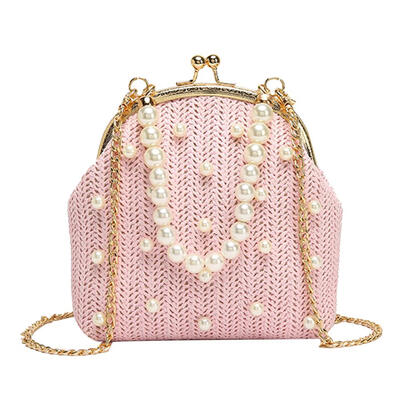 

Straw Woven Shoulder Handbags Women Pearls Decor Chain Small Crossbody Bags