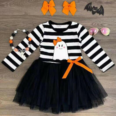 

AU STOCK Toddler Baby Girls Halloween Striped Print Tulle DressHeadband Outfits