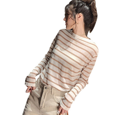 

Women Round Neck Korean Style T Shirt Harajuku Top Long Sleeved Striped Tops female Tshirt Summer Casual Tops
