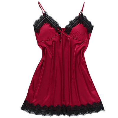 

Toponeto Women Sexy Satin Fashion Patchwork Lace Bow Pajamas Sling Sleepwear
