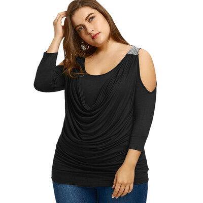 

Plus Size Draped Front Sequins Cold Shoulder T-shirt