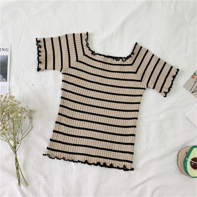 

Womens Slash Neck Striped Short Sleeve Knitted Ruffles T-Shirt