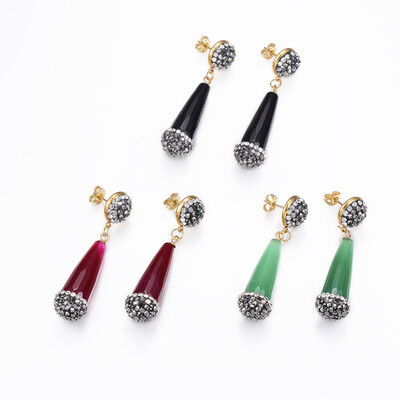 

Natural Agate Dangle Stud Earrings with Polymer Clay Rhinestone & Golden Plated 304 Stainless Steel Findings Faceted Drop Mixed