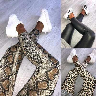 

UK WOMEN ANIMAL PRINT PU LEGGINGS LEATHER LOOK LADY STRETCH LEOPARD SNAKE PANTS