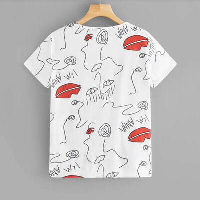 

Starmoon Women Summer O Neck Lips Print Short Sleeve Shirt Casual Loose Tops Blouse