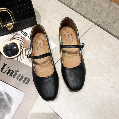 

Chic temperament one word buckle shoes woman summer soft fairy shoes shallow mouth square head low heel shoes