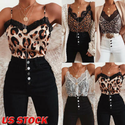 

Women Sleeveless Lace T Shirts Ladies Summer Casual Leopard Blouse Tops Vest