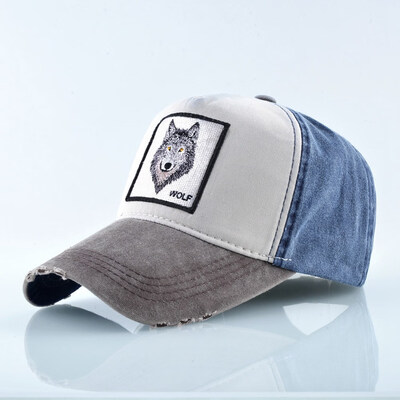 

Unisex Women Men Wolf Tiger Animals Embroidery Snapback Hats Cotton Washed Denim Baseball Caps Truck Hats