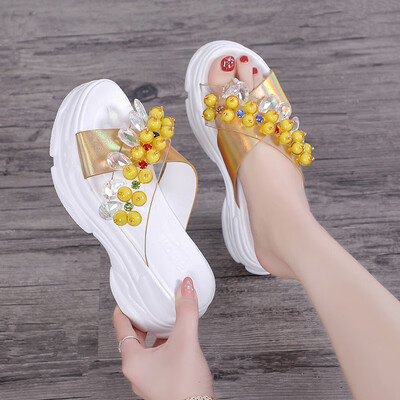 

Fashion string pearl water drill muffin with one-word slippers spring&summer slippers with slippery thick soles