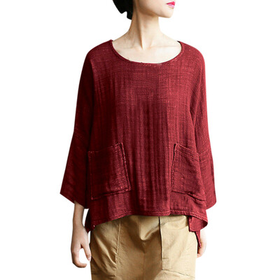 

Fashion Womens Casual Tops Pullover Round Neck Pocket Long Sleeve Blouse Shirt