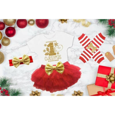 

US Infant Baby Girls My 1st Christmas Romper Tutu Skirt Headband Outfits Clothes