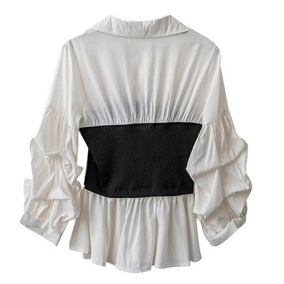 

Autumn New Fight To Receive Waist Long-sleeved Fake Two-piece Lantern Sleeve Shirt Women