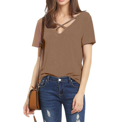 

Nomeni Women Short Sleeve V Neck Sexy Strap Solid Casual Basic T-Shirt Top Blouse BUL