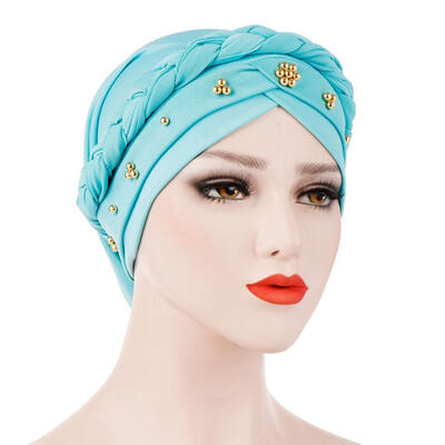 

Solid Color Braid Beads Decor Women Muslim Hijab Turban Head Scarf Cap Hat