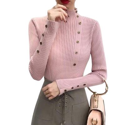 

Women Autumn Knit Base Shirt Half High Collar Pure Color Slim Pullover Tops
