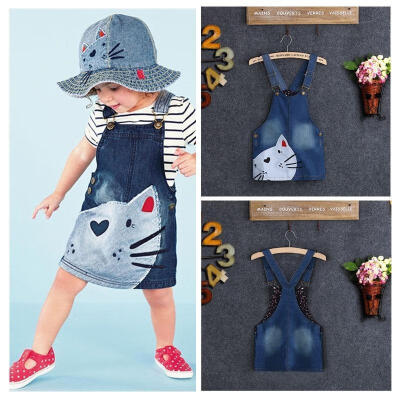 

1PC Baby Girls Kids Cat Denim Overalls Dresses Skirts Braces Skirt Clothes 2-7Y