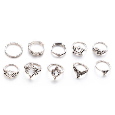 

Fashion Retro Exaggerated Hollow Carved Large Gem Lotus Modeling 10-piece Combination Ring