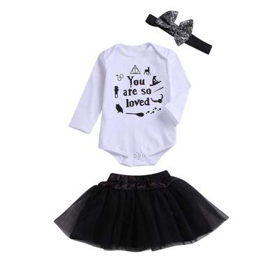 

3Pcs sets Spring Summer Baby Girl Long Sleeve Letter Pattern Cotton Romper Mini Mesh Skirts Headband Casual Outfits Set