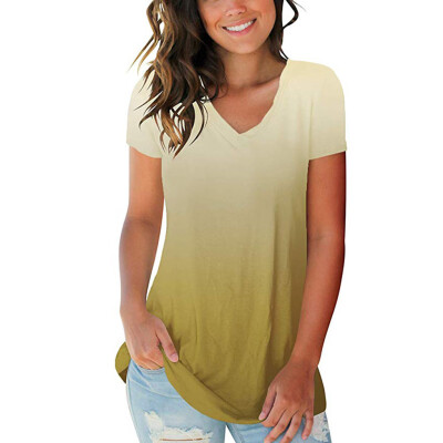 

Roseonmyhand Womens Fashion Plus Size Gradient Color V-Neck Short Sleeve T-shirt Tops Blouse