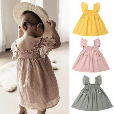 

Solid Toddler Kids Baby Girls Clothes Ruffle Sleeve Dress Tutu Dresses Sundress