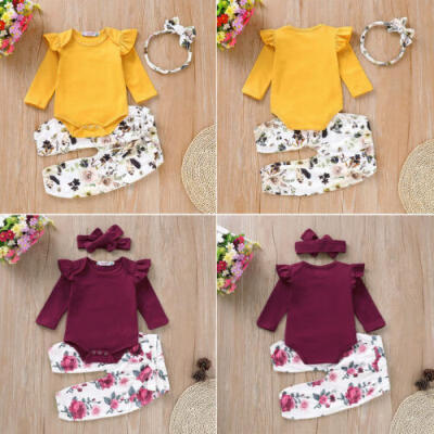 

Newborn Baby Girls Long Sleeve Romper Bodysuit Pants 3PCS Outfits Clothes