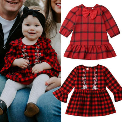 

Christmas Toddler Kids Baby Girl Plaid Long Sleeve Casual Cotton Dress Clothes