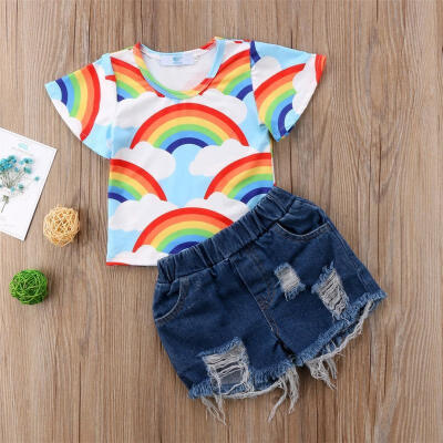 

Kids Baby Girls Rainbow Tops T-shirt Denim Pants Jeans Outfits Clothes