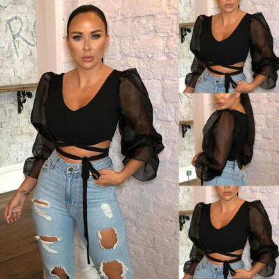 

2019 Womens Sheer Mesh Puff Sleeve Cropped Top Slim Fit Vest Tee T-shirt Blouse