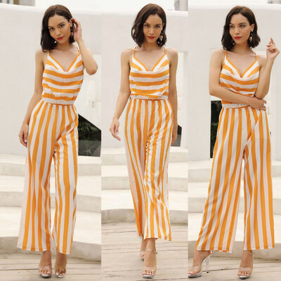 

Starmoon Women Stripe Printing Off-Shoulder Long Rompers Jumpsuit Playsuit