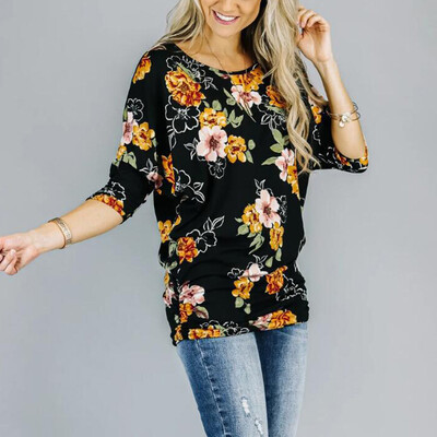 

Womens Round Neck Tops Half Sleeve Basic Tee Floral Print Blouse Casual T Shirt