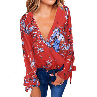 

Starmoon Fashion Womens Floral Print V Neck Blouse Wrap Front Tunic Shirts Loose Tops