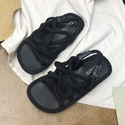 

With flat ins sandals women Joker straw sandals hemp rope sandals cross strap womens shoes in summer
