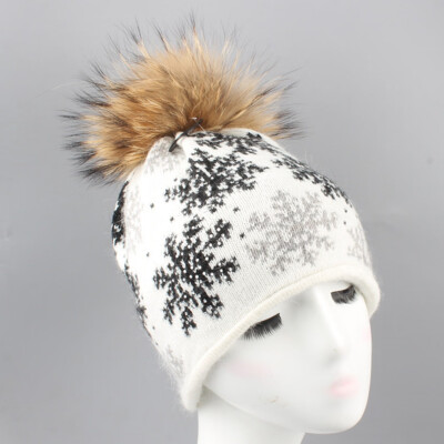 

Winter Hat Scorpion Fur Pom Pom Bobble Women Rhinestone Snowflake Knitted Beanie Hat Christmas Gift