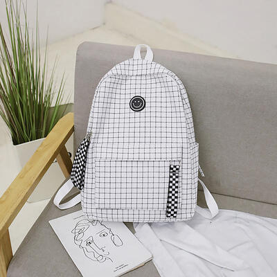 

Fashion Brief Grid Backpack White Black Women Travel Ribbon Smile Backpack Students Canvas Double Shoulder Bag