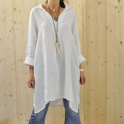 

Starmoon Women Casual Loose V-Neck Long Sleeved Shirts Irregular Hem Long Blouse