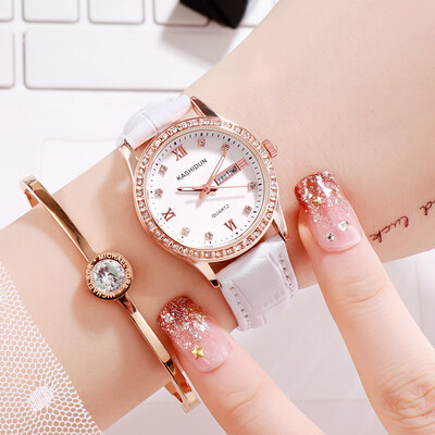 

New fashion girl watch double calendar water drill belt quartz watch woman Korean version of the Internet celebrity steel belt wom
