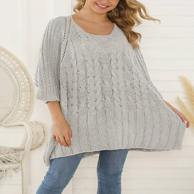 

Solid Cable Eyelets Scoop Three-quarter Batwing Sleeves Knit Sweater