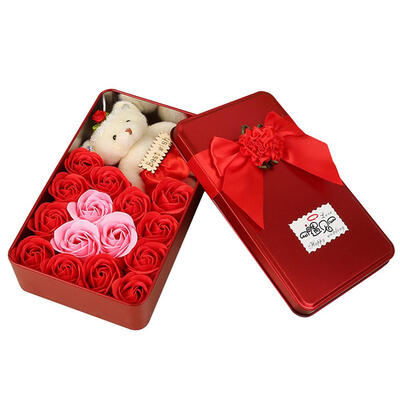 

15pcsBox Rose Flower Bath Scented Soap Bear Doll Iron Box Valentine Gift