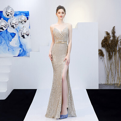 

Sexy Sling Women Mermaid Evening Dress Fashion Sleeveless Sequin Party Prom Dress Long Slim Host Dress