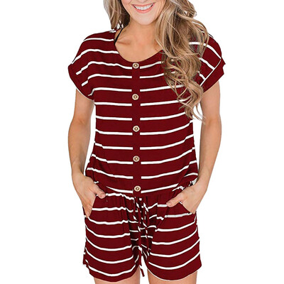 

Starmoon Womens Striped Casual Short Sleeve Front Button Loose Jumpsuit Rompers Pockets