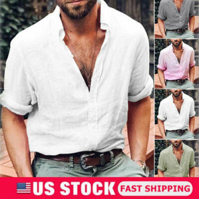 

USA Summer Mens Linen Short Sleeve Shirt Loose Casual Shirts V-Neck Top T Shirt