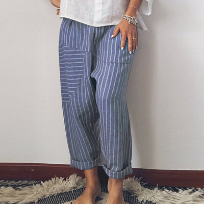 

Tailored Womens Full Length Pants Cotton High Waist Stripe Trousers Ladies Pants