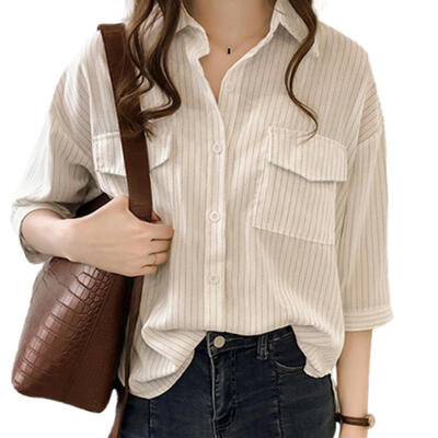 

Women Concise Casual Solid Color Middle Sleeve Striped All-match Loose Standing Collar Shirts