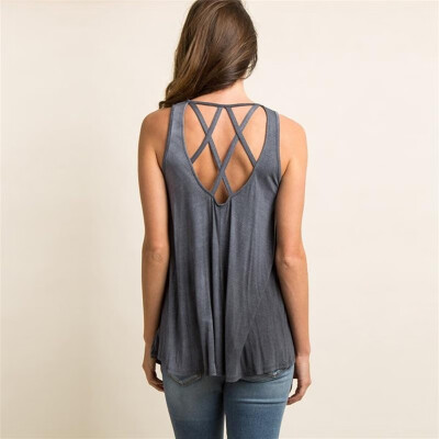 

New Fashion Women Tank Top Solid Crisscross Bandage Hollow Out Sleeveless O-Neck Summer Vest Tops