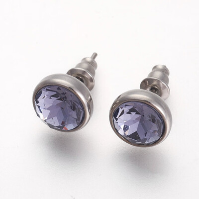 

304 Stainless Steel Stud Earrings with Rhinestone Flat Round Violet 10x6mm Pin 09mm