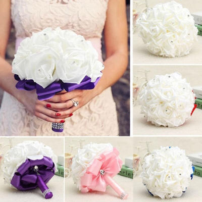 

Handmade Crystal Bridal Wedding Bouquet Silk Flower Bridesmaid Foam Brooch Hot