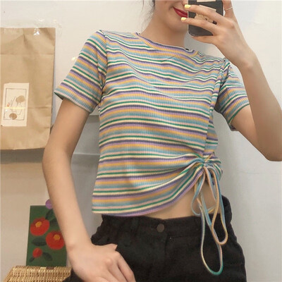 

Novel Design Drawstring Womens T-Shirt Summer O Neck Striped Short Sleeve T Shirt Sexy Knitted Slim Pullover Tee Tops