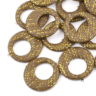 

Handmade Raffia Woven Pendants with Iron & Aluminum Findings&Metallic Cord Flat Round Platinum Camel 435x405x5mm Hole